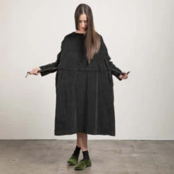 Album Di FamigliaAlbum Di Famiglia Woman Velvet Boatneck Drawstring Dress - Slate Grey