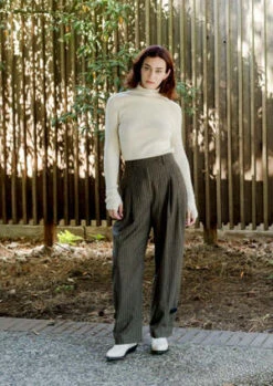 AMOMENTOAmomento Stripe Wide Tuck Wool Pants - Brown