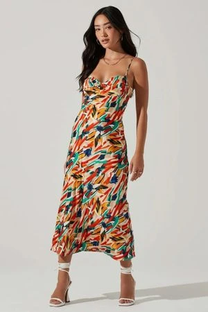 ASTR The LabelMariela Abstract Satin Midi Dress - Orange Green Multi