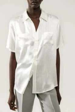 Silk LaundryShort Sleeve Boyfriend Shirt - White Pinstripe